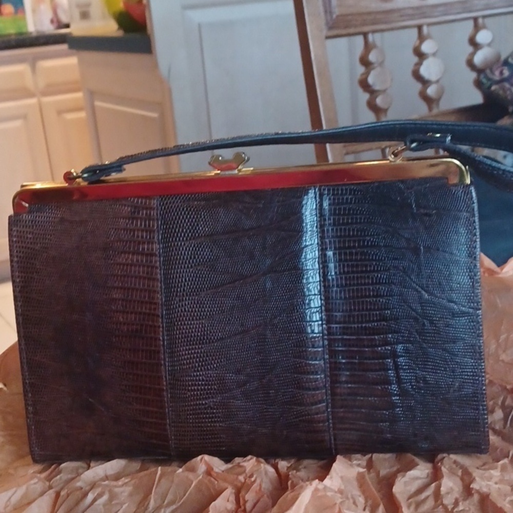 Vintage Lizard Skin Handbag 1940/50s Bag, Top Handle Leather Brown, England